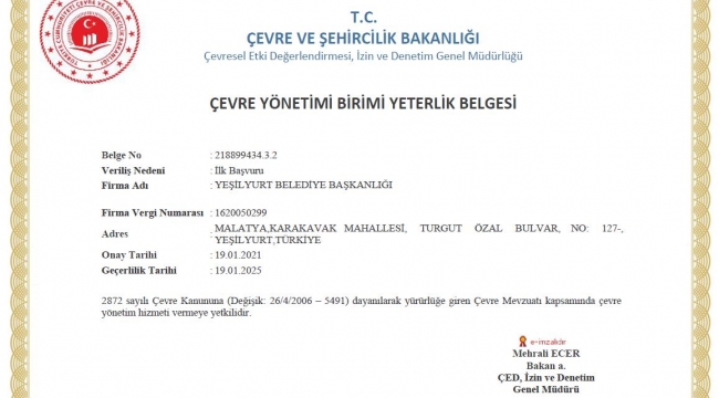 YEŞİLYURT BELEDİYESİ, ÇEVRE YÖNETİM YETERLİLİK BELGESİNİ ALDI